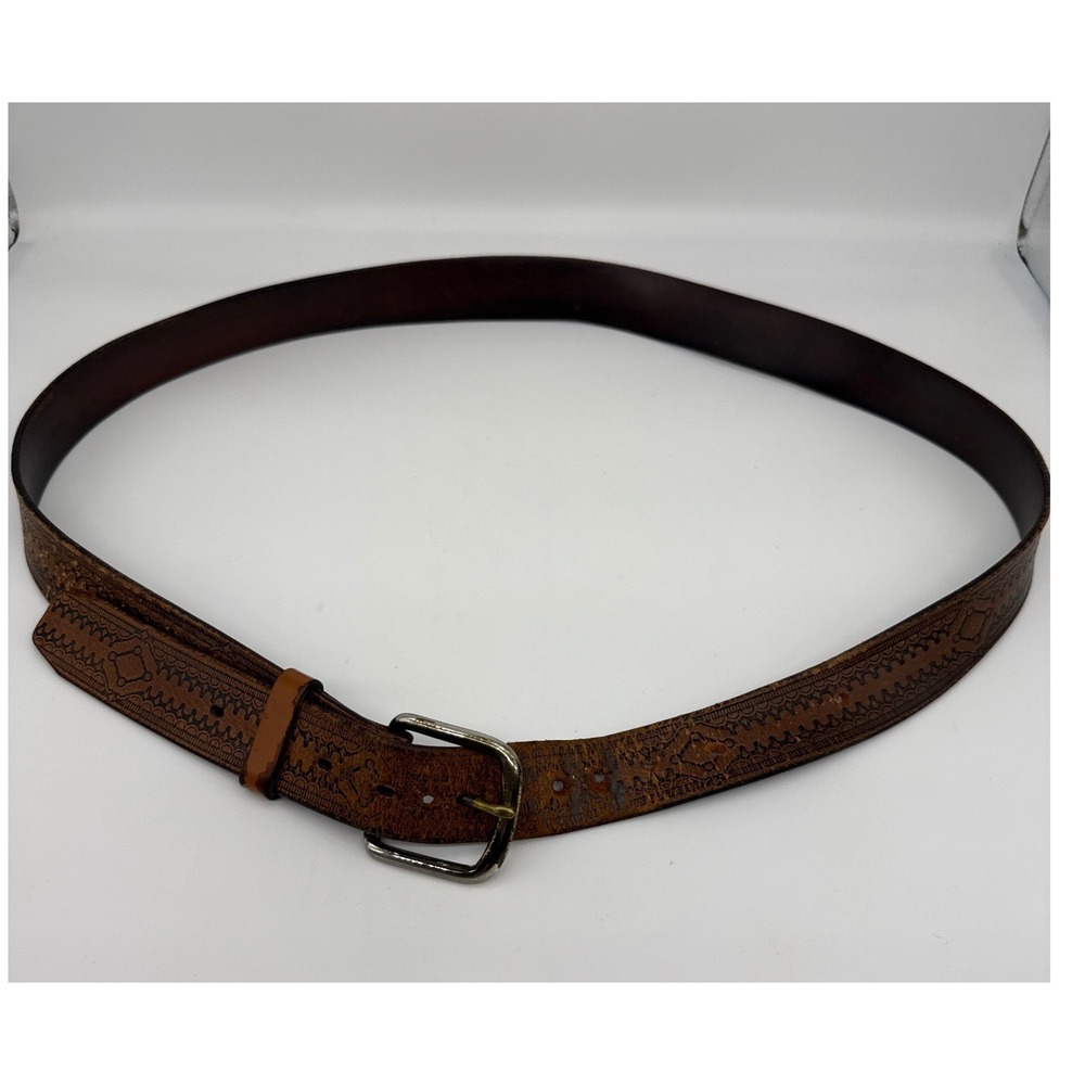 Mens Brown Embossed Leather Belt Western‎ Silver Buckle Distressed fits 41-49"